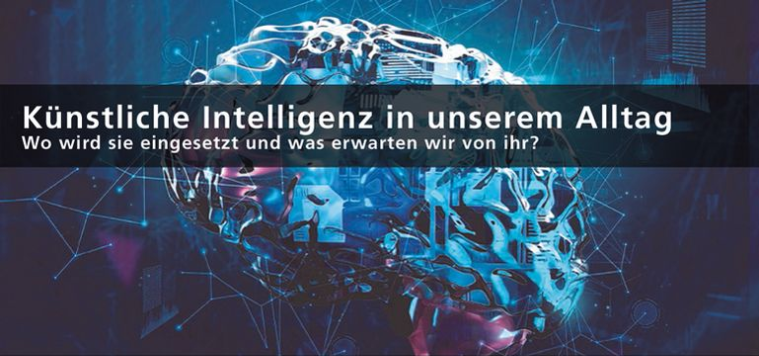 metallisch glänzendes Gehirn, davor der Text "Künstliche Intelligenz im Alltag - Wo wird sie eingesetzt und was erwarten wir von ihr?"